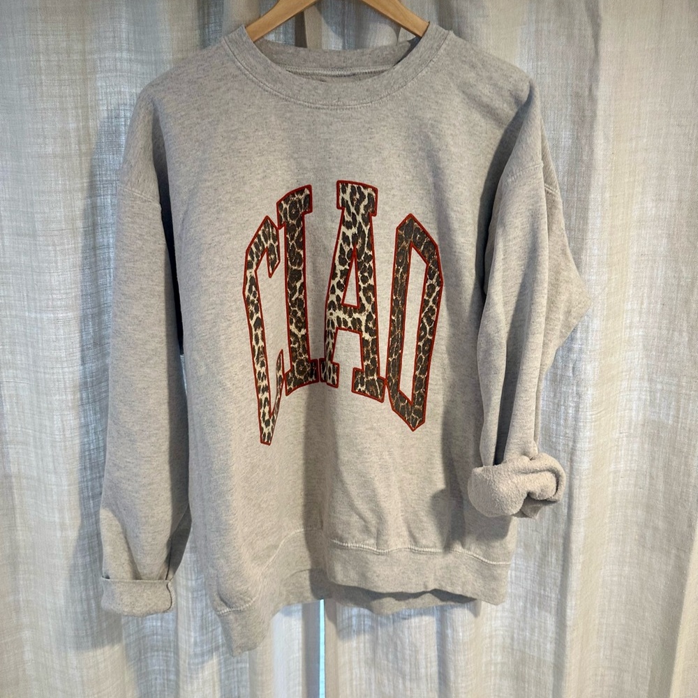 Anthropologie Gray Crewneck Sweatshirt with Leopard CHAD Graphic